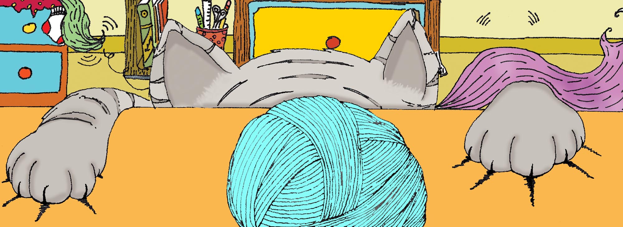 Ilustración de un gato oculto frente a una madeja de estambre